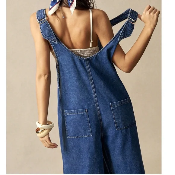 Boho Dark Wash Floral Patchwork Wide leg Denim Bib Overalls Jumpsuit - Picture 5 of 6